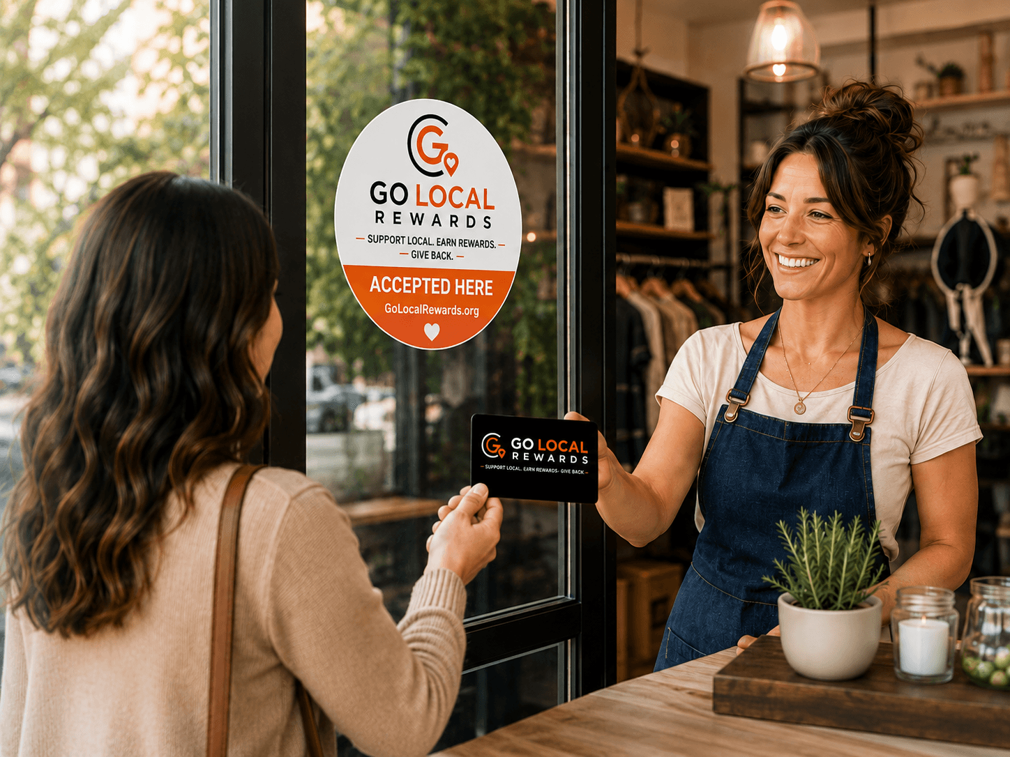 A shopper and a local business owner exchanging a Shop Local Rewards card at a shop entrance, beside a Shop Local Rewards 'Accepted Here' window decal