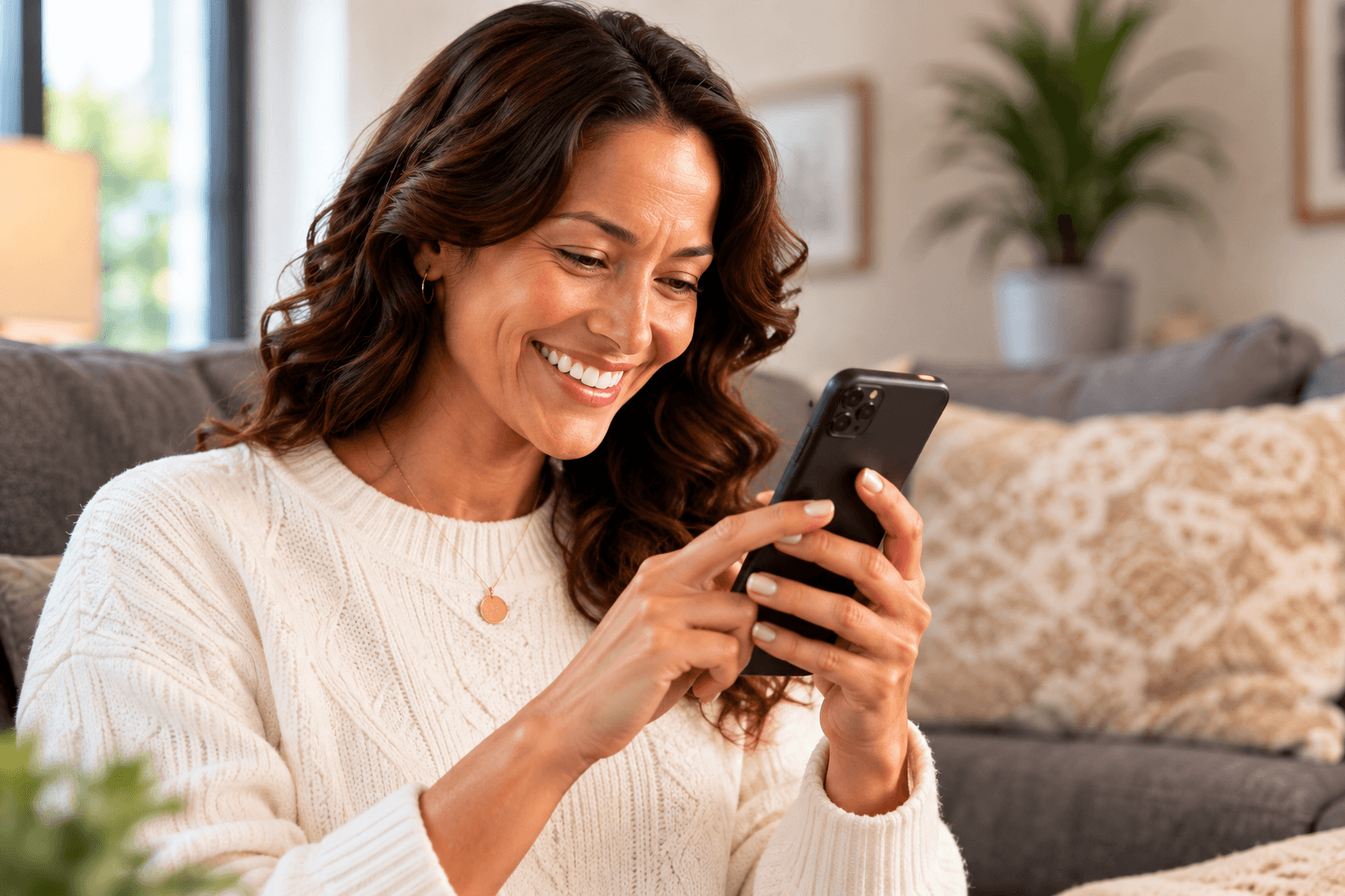 A member on her couch upgrading her membership on her phone.
