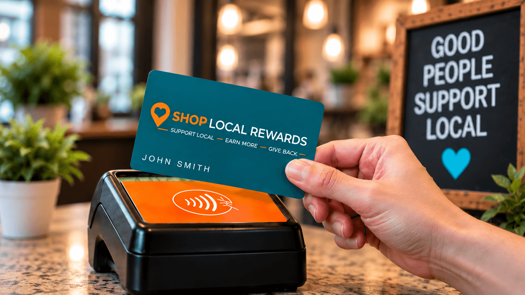 Hand tapping a Tap & Go Rewards Card on a terminal