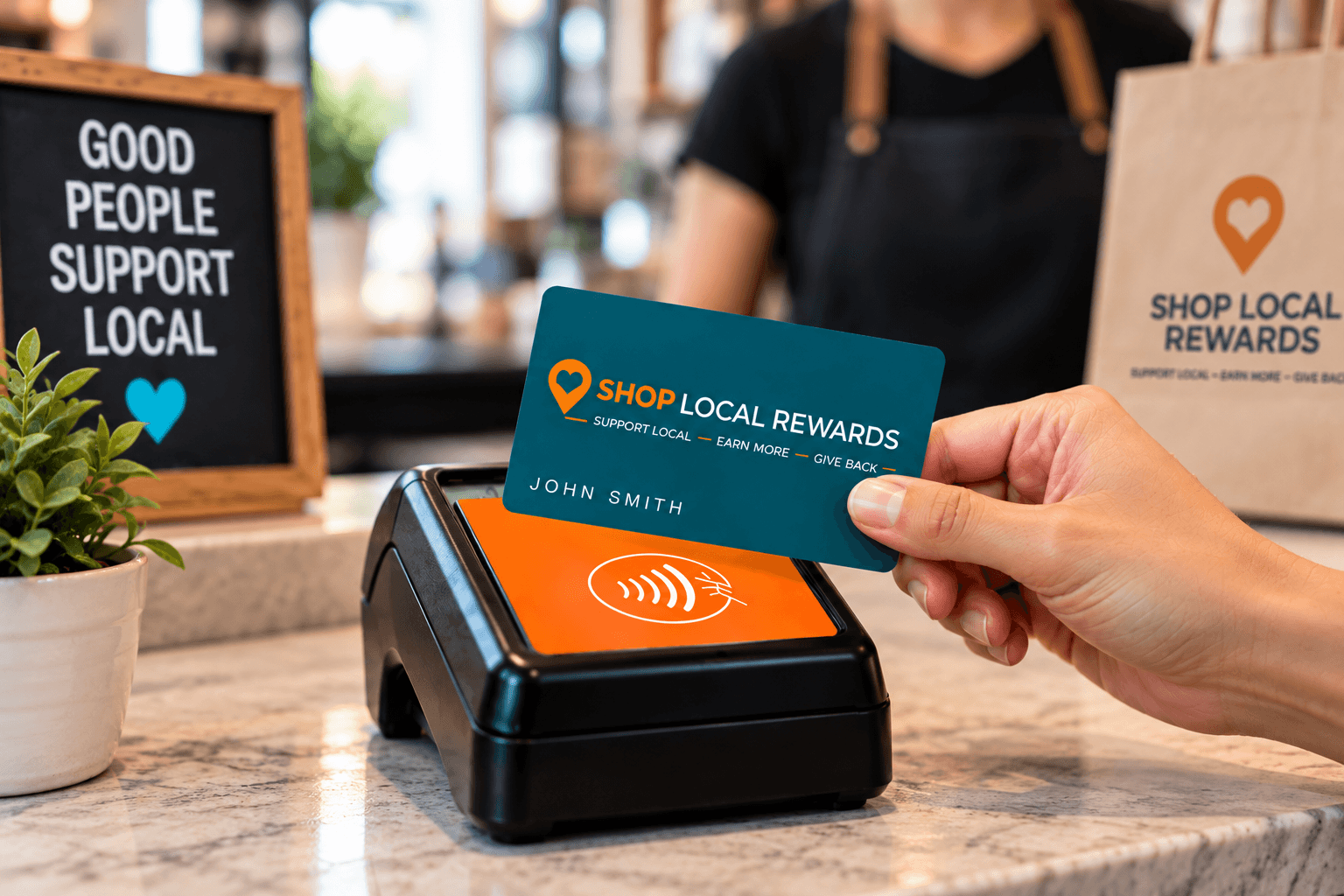 A Tap & Go Rewards Card held over a terminal, with a shop worker in an apron behind the counter.