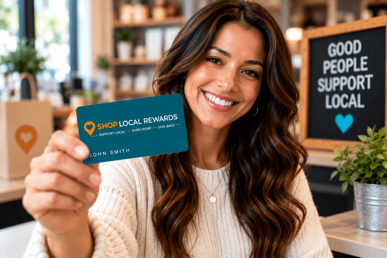 A member holding up her Tap & Go Rewards Card, with a Good People Support Local chalkboard behind her.