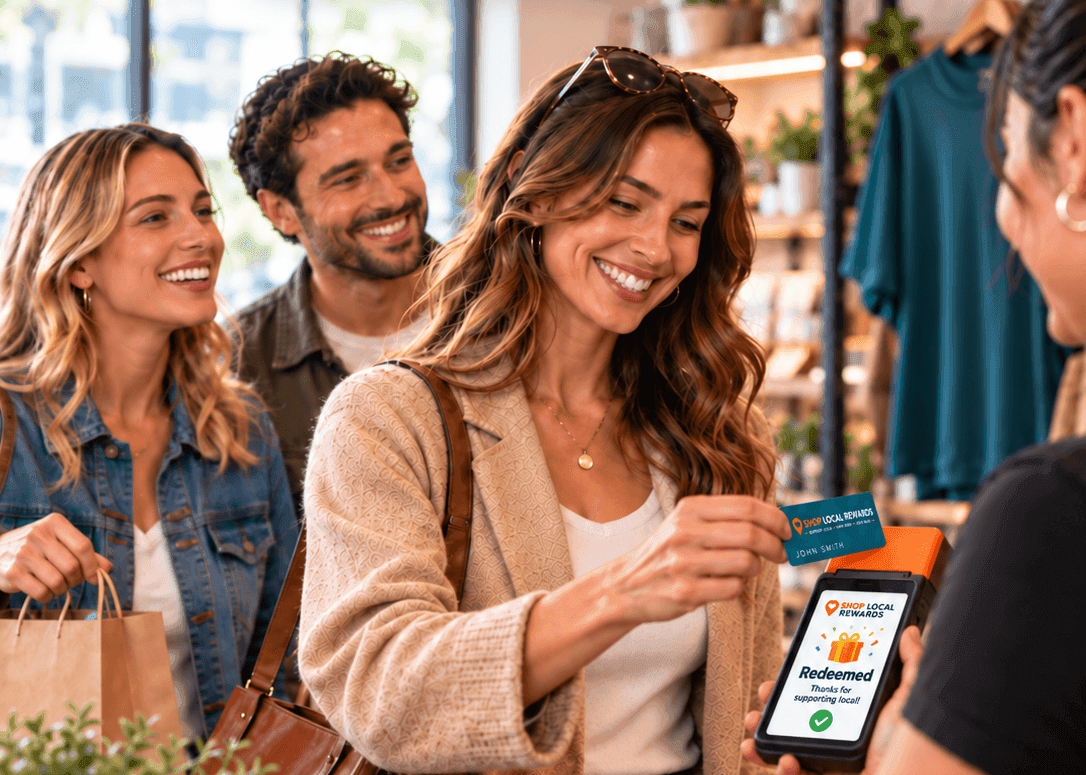 Friends shopping local as a customer taps her Tap & Go Rewards Card at checkout