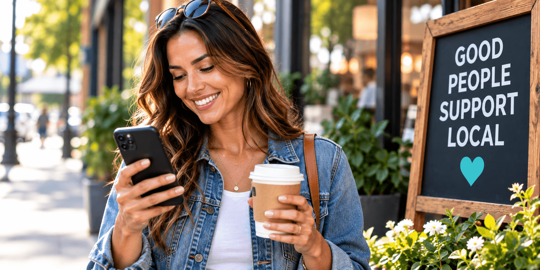A member in a denim jacket checking her phone over a coffee on a local shopping street, beside a chalkboard sign reading Good People Support Local.
