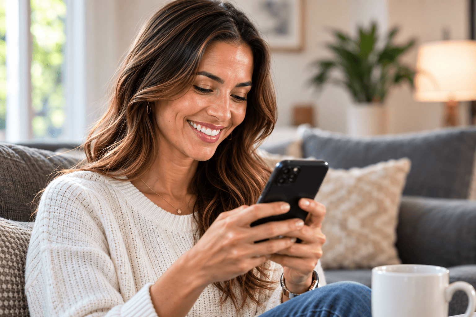 A member sitting on her couch, signing up on her phone with a mug of coffee beside her.