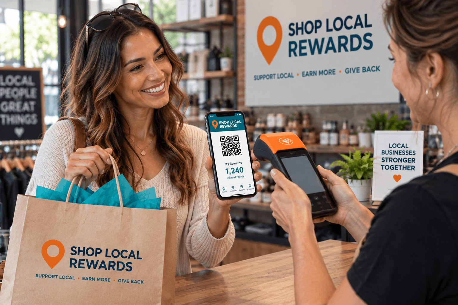 A member at a shop counter holding up her phone with her member QR code on screen, while the clerk holds a Shop Local Rewards terminal.