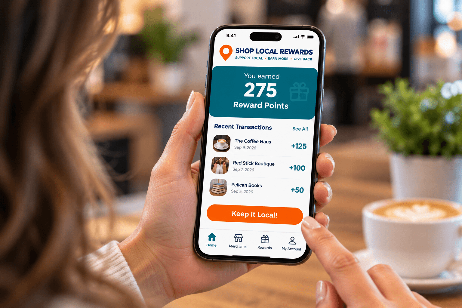 A phone showing a Shop Local Rewards account that reads You earned 275 Reward Points, with a latte in the background.