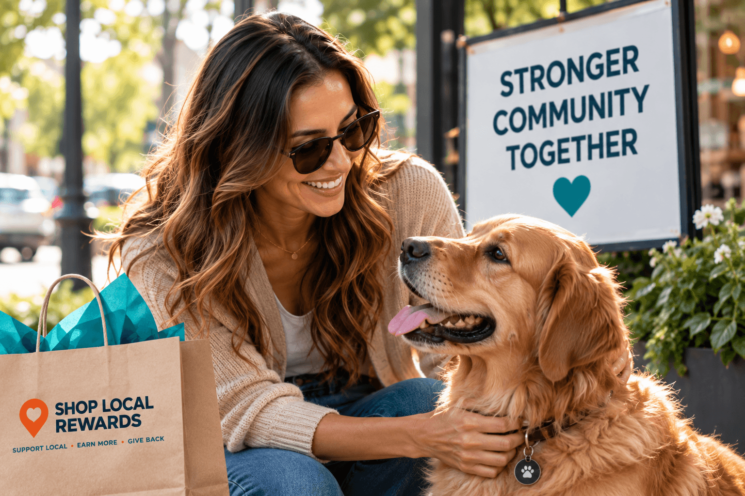 A member in sunglasses petting a golden retriever outside a local shop, beside a sign reading Stronger Community Together.