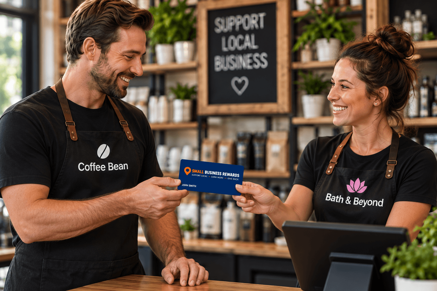 A shop owner in an apron handing a rewards card to a shop owner in a Bath and Beyond apron.