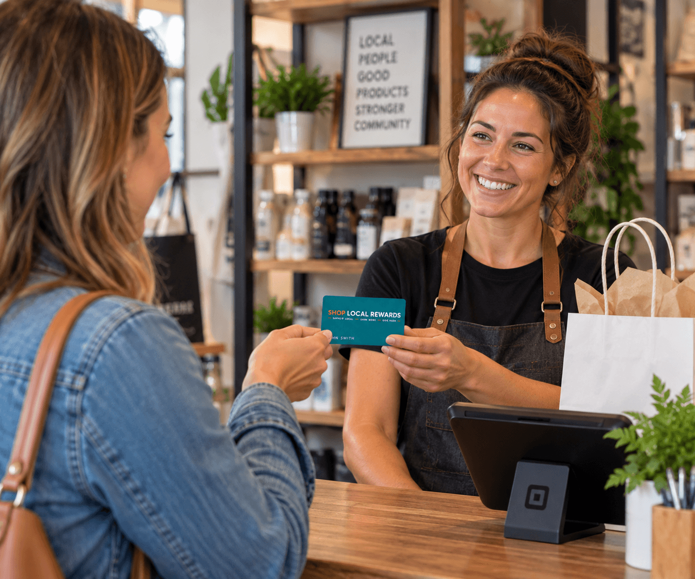 A customer handing a Shop Local Rewards card across a shop counter to the owner.
