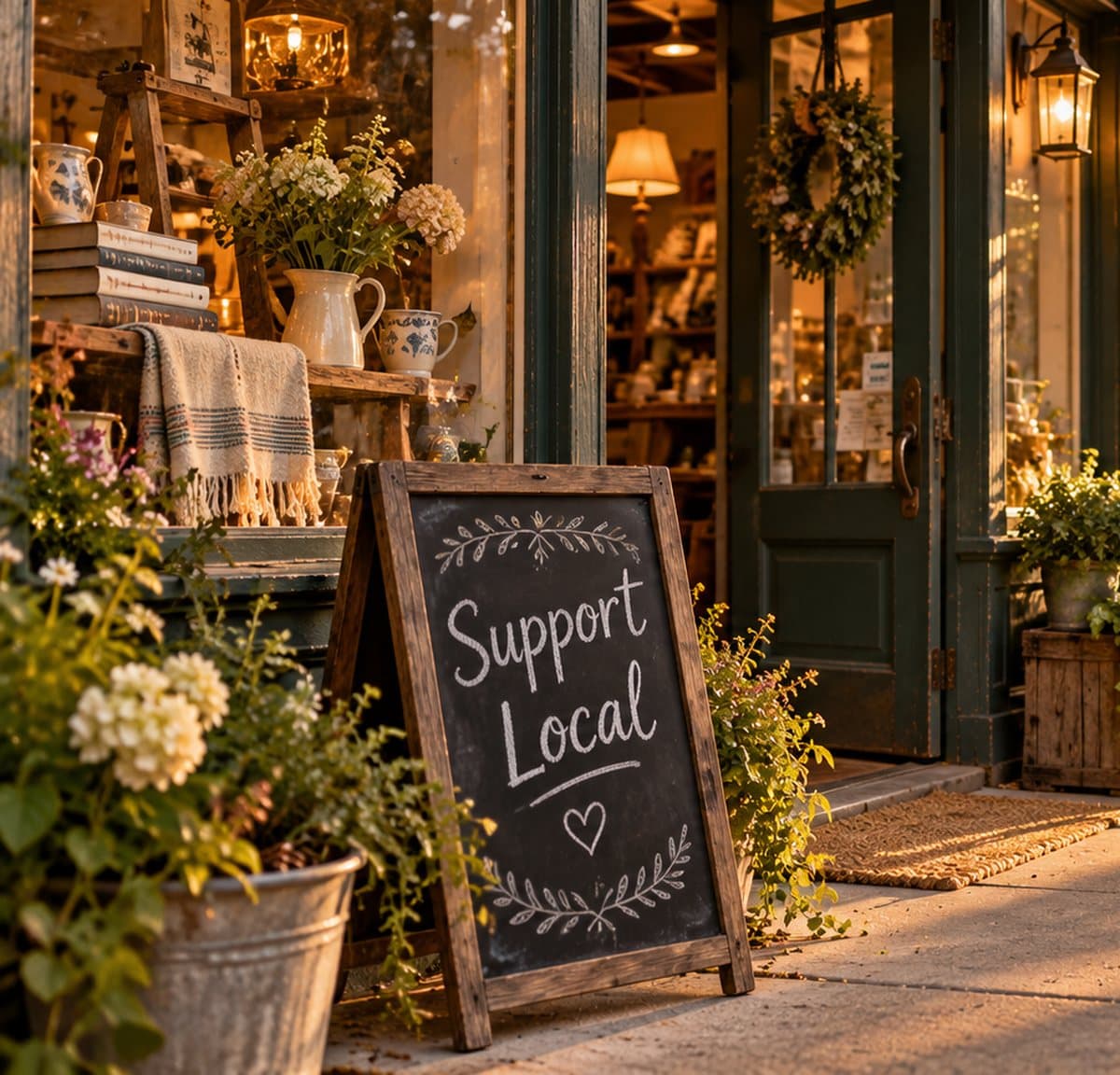 A local storefront at golden hour with a chalkboard sign reading Support Local.
