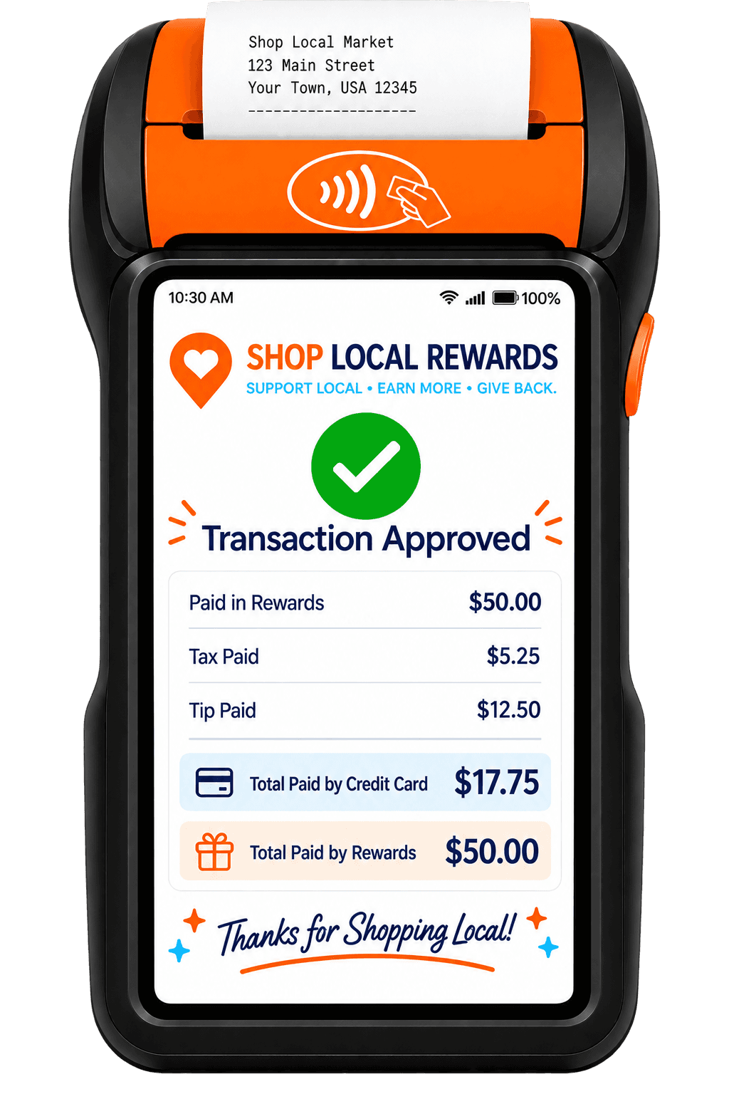 Terminal approved screen confirming the customer's card was charged for tax and tip.