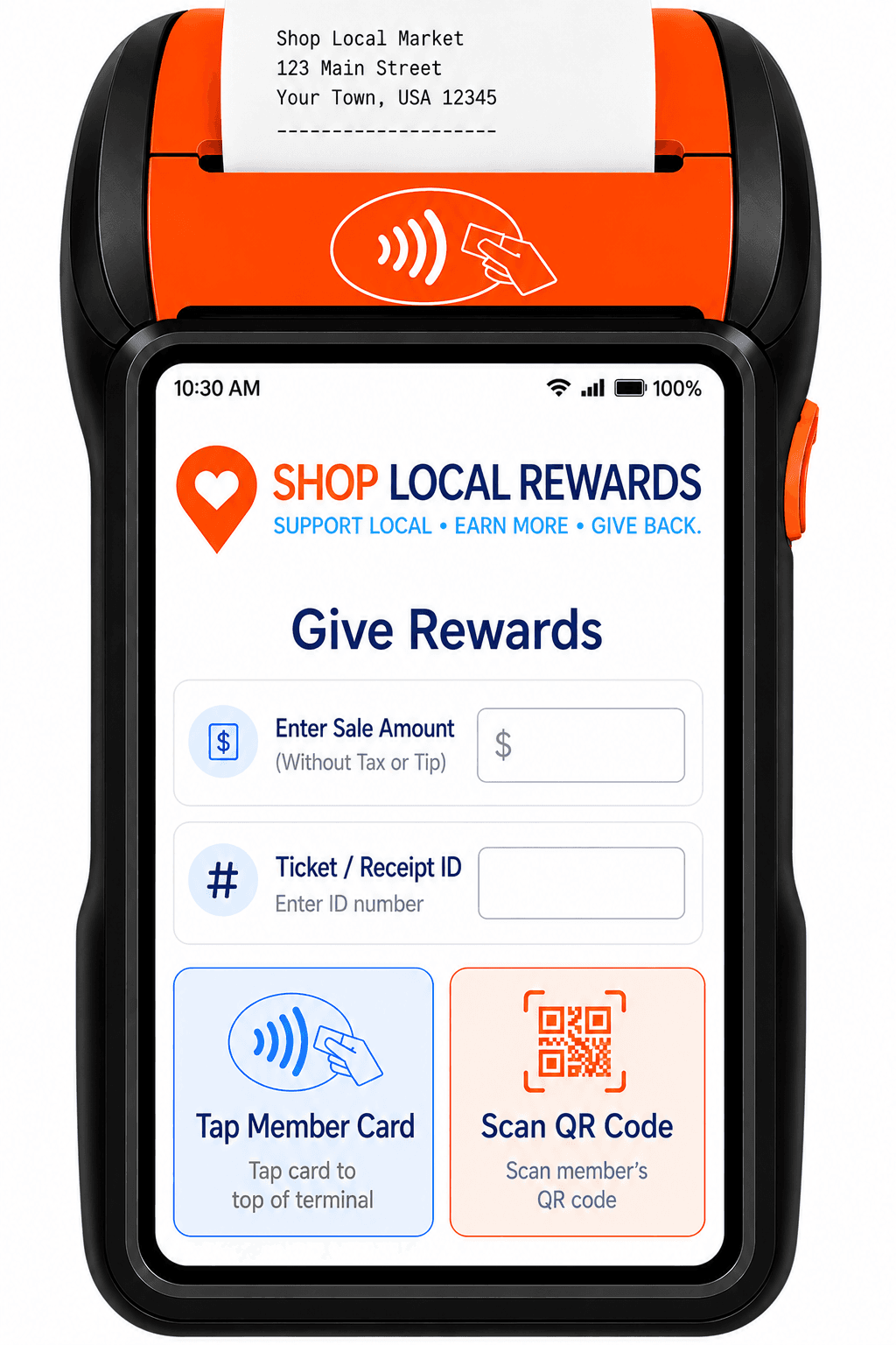 Terminal Give Rewards screen prompting for the sale amount and ticket number.