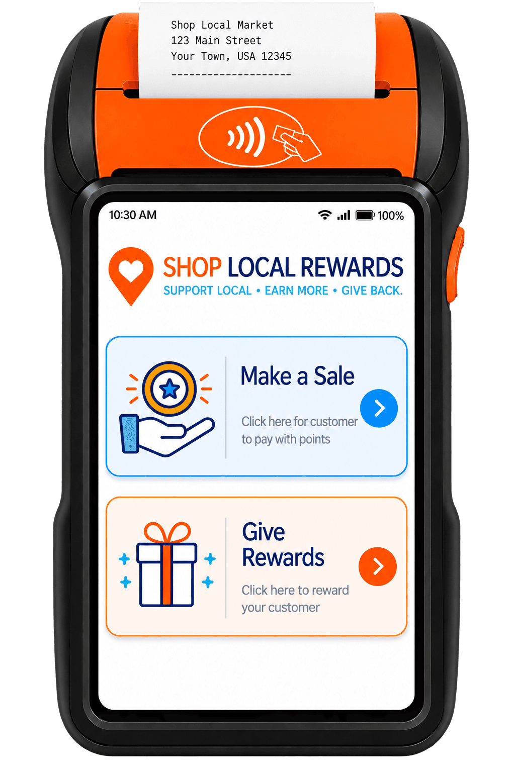 Handheld terminal home screen showing the Make a Sale and Give Rewards buttons.