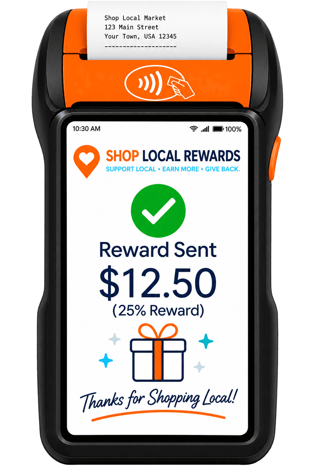 Terminal reward-sent screen confirming the reward posted to the customer's account.