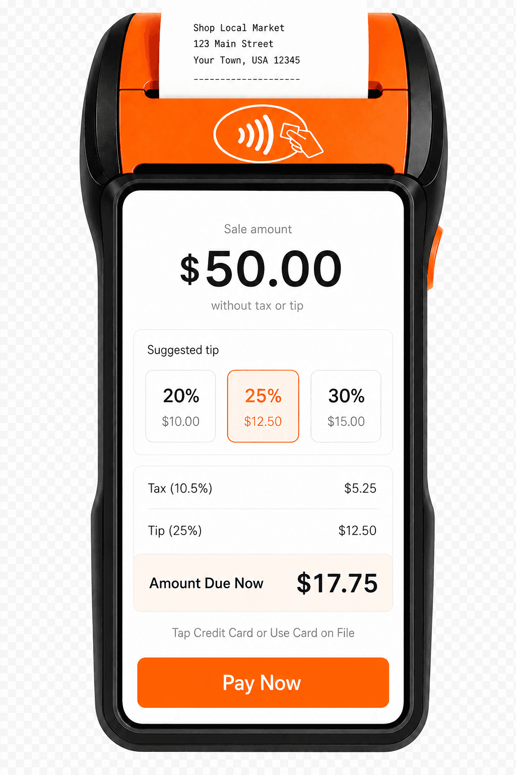 Terminal sale screen with a keypad for entering the sale amount before sales tax.