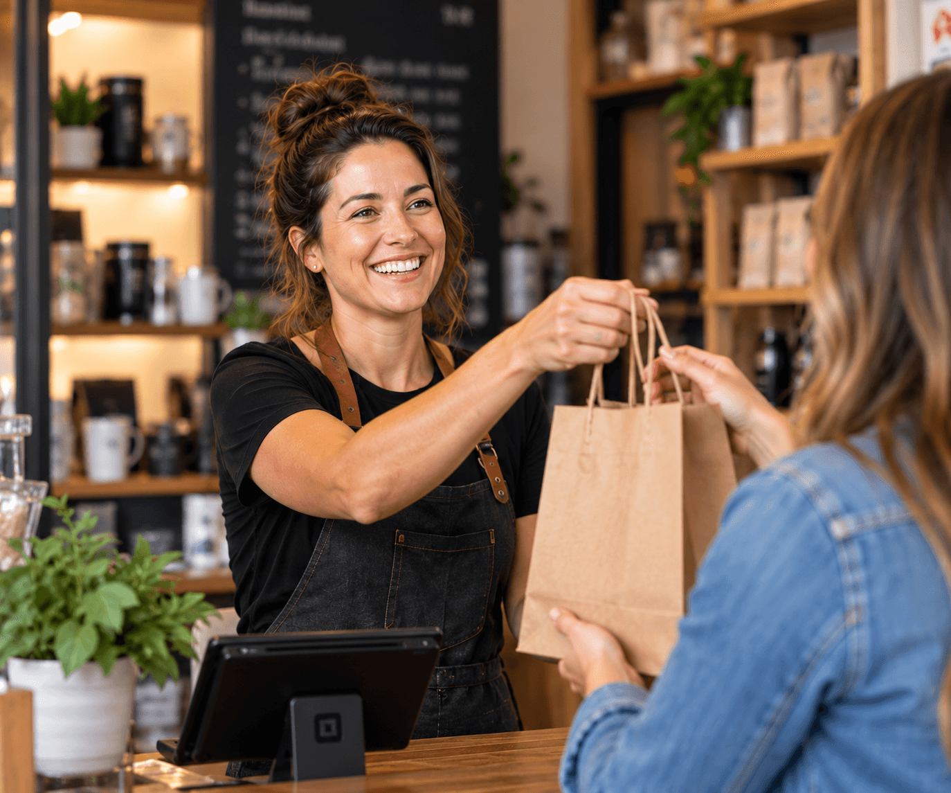 A shop owner handing a paper bag to a customer across the counter.